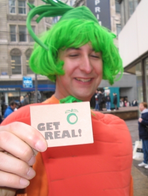 Linda Vettanen, Manchester Friends of the Earth, photo: Ali dressed as a giant carrot